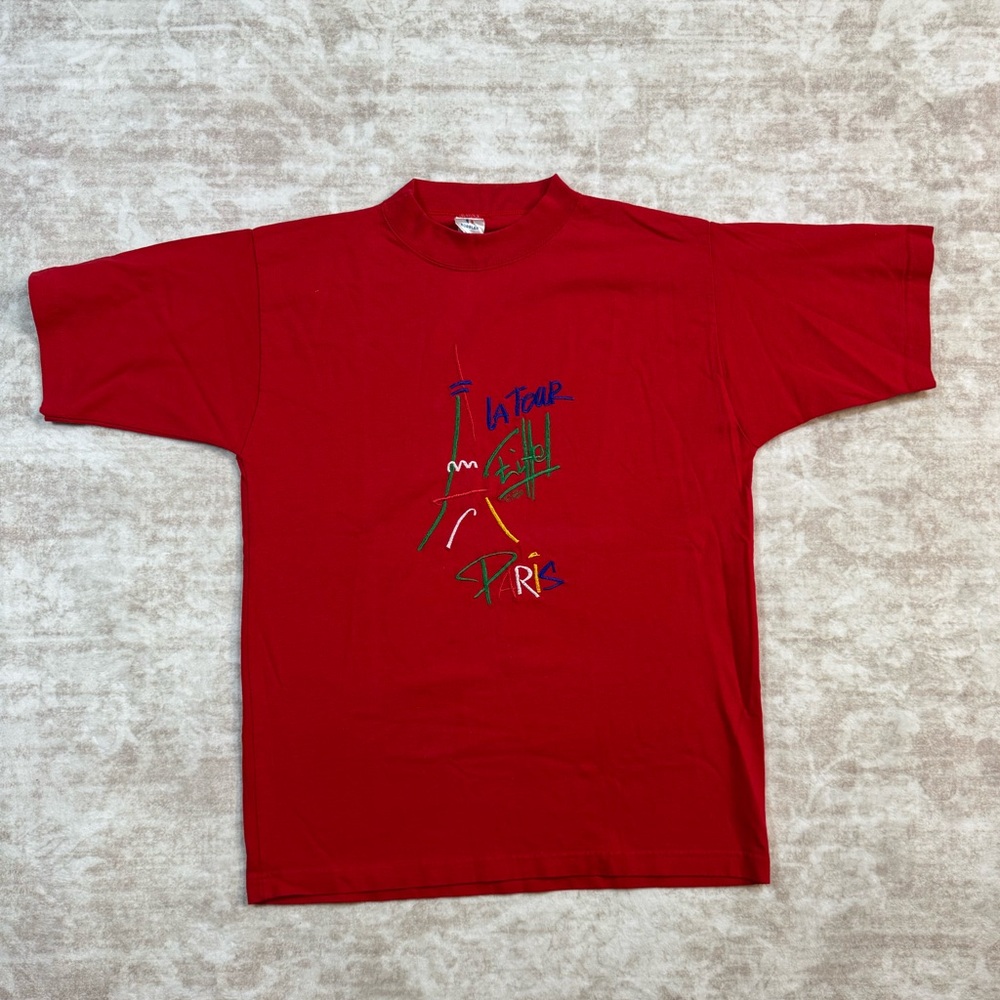Vintage La Tour Eiffel Paris Embroidered T Shirt Red Made in France XL